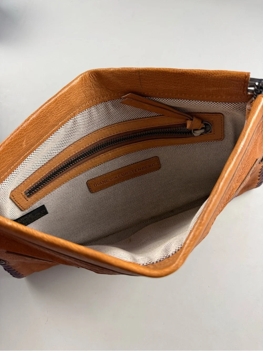 Diane von Furstenberg Leather Clutch Tan Brown Boho Western Patchwork Bag